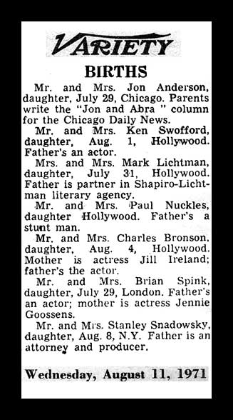 My Birth Announcement in Variety, August 11, 1971